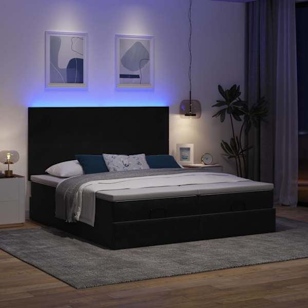 LED-valgustusega voodiraam peatsiga koos 2 madratsiga, 2 voodiraami, must, 160 × 200 cm, samet