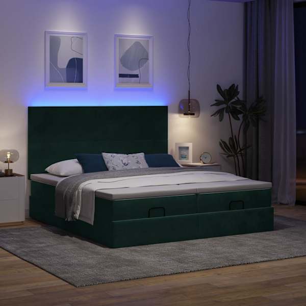 LED-valgustusega voodiraam peatsiga koos 2 madratsiga, 2 voodiraami, tumeroheline, 160 × 200 cm, samet
