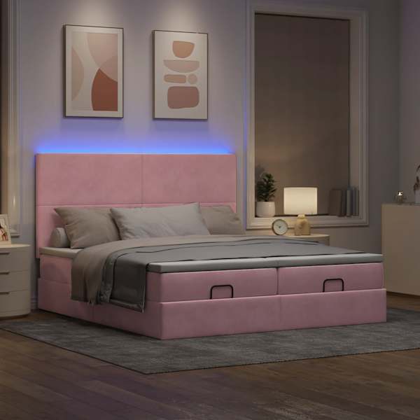 LED-valgustusega voodiraam peatsiga koos 2 madratsiga, 2 voodiraami, roosa, 180 × 200 cm, samet — mudel 3314608