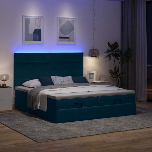 LED-valgustusega voodiraam peatsiga koos 2 madratsiga, 2 voodiraami, tumesinine, 160 × 200 cm, samet