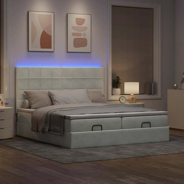 LED-valgustusega voodiraam peatsiga koos 2 madratsiga, 2 voodiraami, helehall, 180 × 200 cm, samet — mudel 3314621