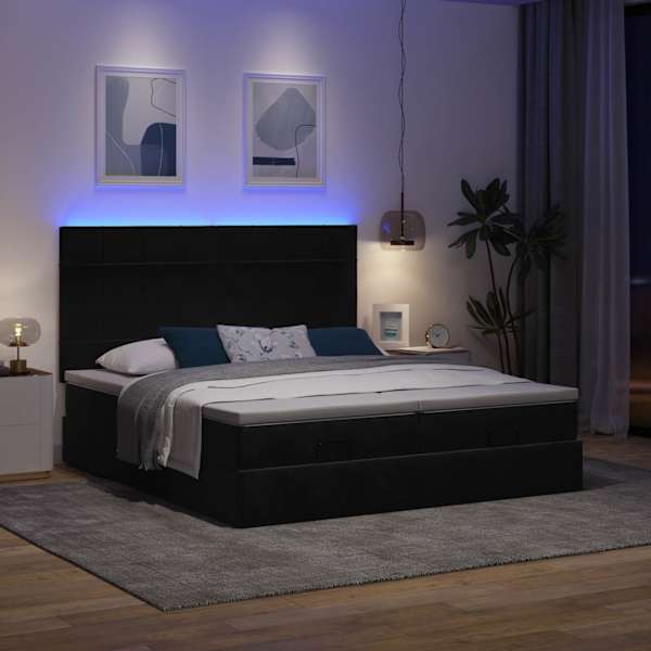 LED-valgustusega voodiraam peatsiga koos 2 madratsiga, 2 voodiraami, must, 200 × 200 cm, samet — mudel 3314629