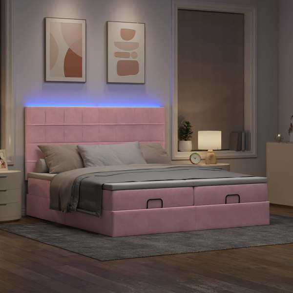 LED-valgustusega voodiraam peatsiga koos 2 madratsiga, 2 voodiraami, roosa, 200 × 200 cm, samet — mudel 3314632