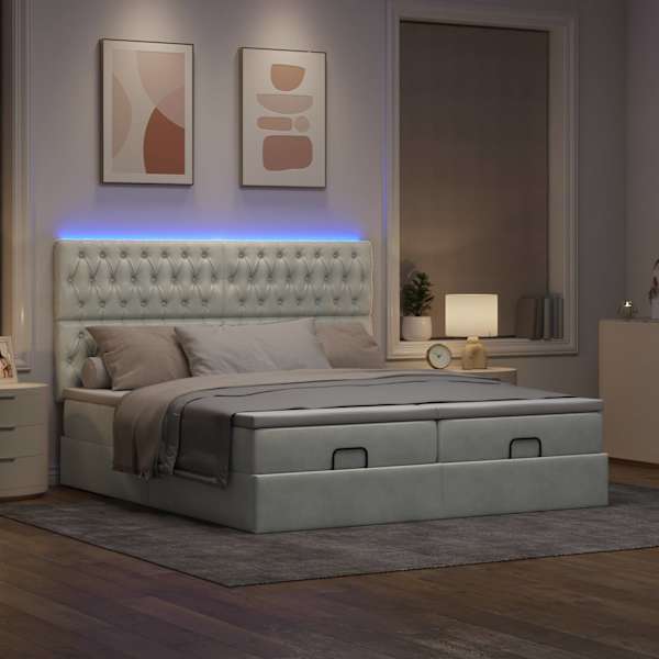 LED-valgustusega voodiraam peatsiga koos 2 madratsiga, 2 voodiraami, helehall, 160 × 200 cm, samet