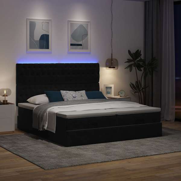 LED-valgustusega voodiraam peatsiga koos 2 madratsiga, 2 voodiraami, must, 160 × 200 cm, samet