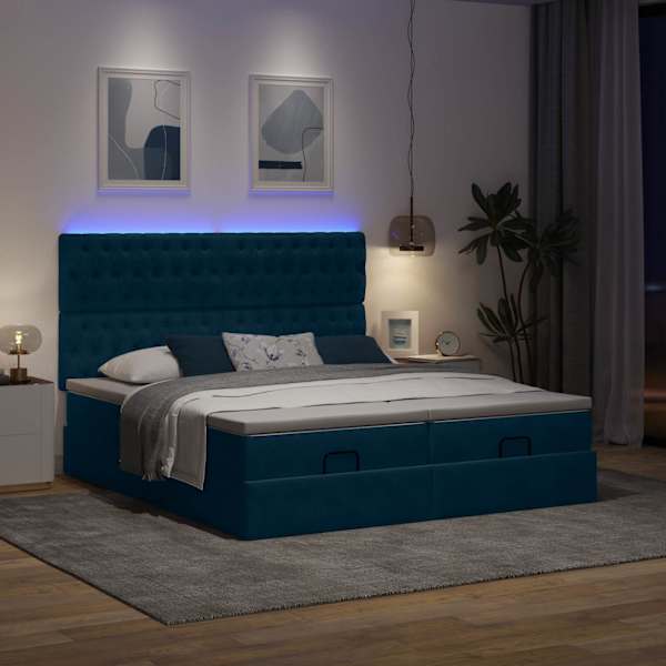 LED-valgustusega voodiraam peatsiga koos 2 madratsiga, 2 voodiraami, tumesinine, 160 × 200 cm, samet