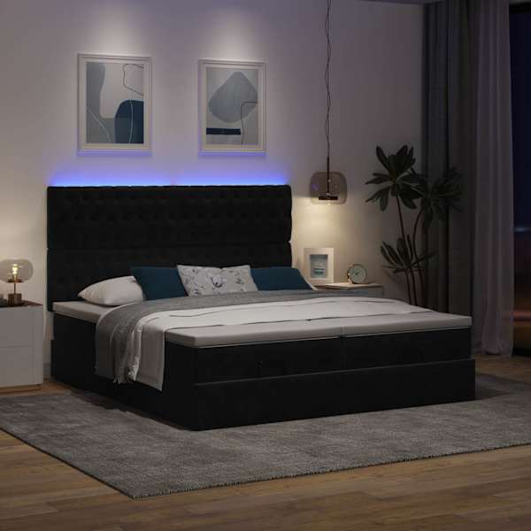LED-valgustusega voodiraam peatsiga koos 2 madratsiga, 2 voodiraami, must, 180 × 200 cm, samet — mudel 3314641