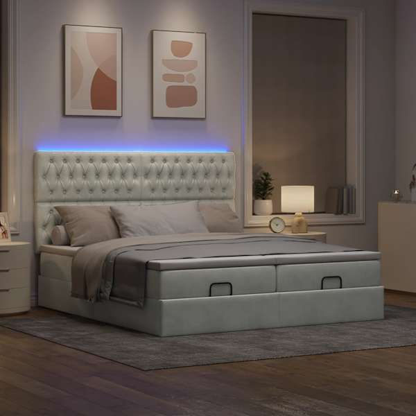LED-valgustusega voodiraam peatsiga koos 2 madratsiga, 2 voodiraami, helehall, 200 × 200 cm, samet — mudel 3314645