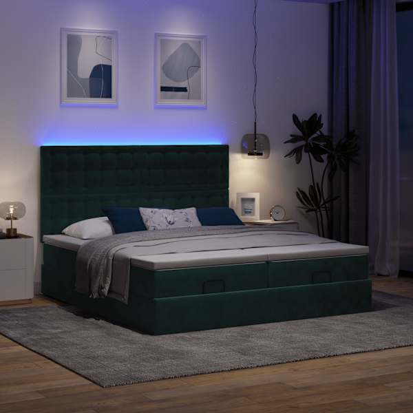 LED-valgustusega voodiraam peatsiga koos 2 madratsiga, 2 voodiraami, tumeroheline, 180 × 200 cm, samet — mudel 3314660