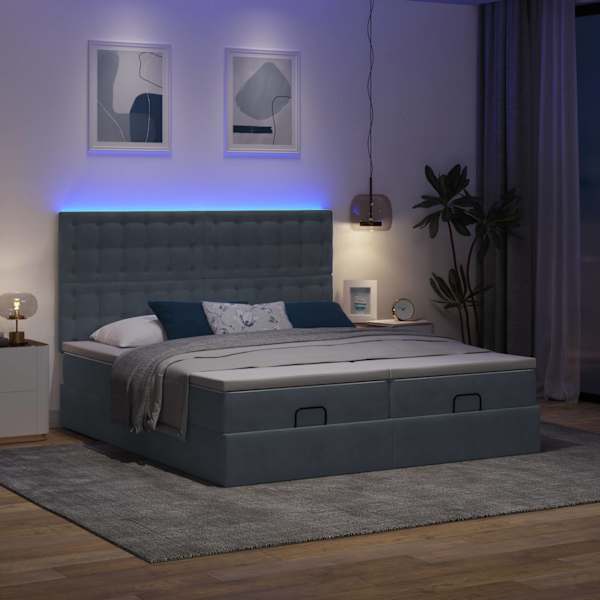 LED-valgustusega voodiraam peatsiga koos 2 madratsiga, 2 voodiraami, tumehall, 200 × 200 cm, samet — mudel 3314664