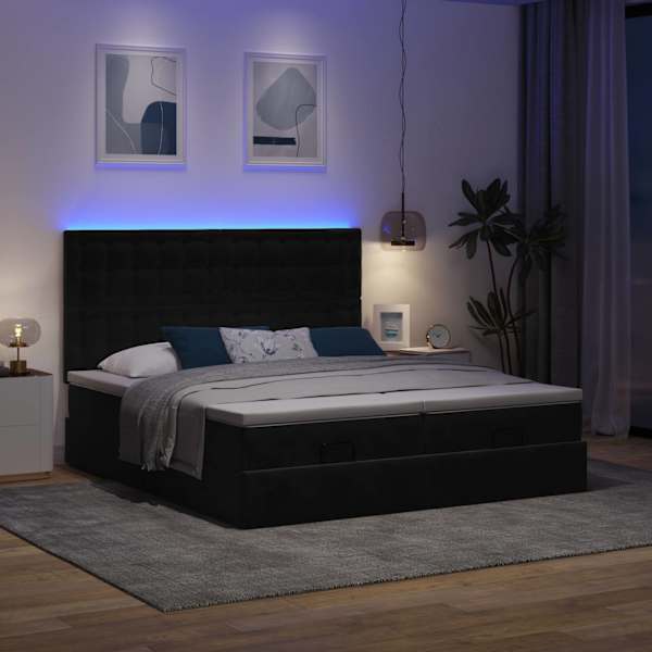 LED-valgustusega voodiraam peatsiga koos 2 madratsiga, 2 voodiraami, must, 200 × 200 cm, samet — mudel 3314665