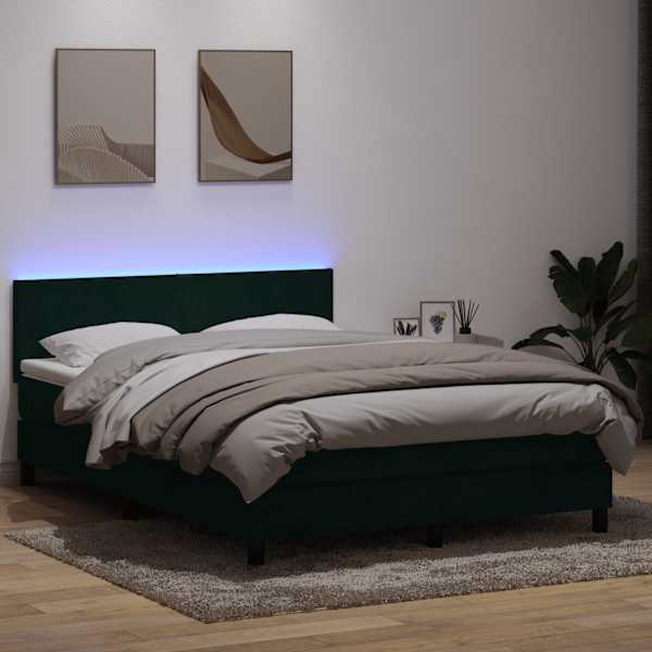 LED-valgustusega kontinentaalvoodi koos madratsiga, tumeroheline, 160 × 220 cm, samet — mudel 3316746