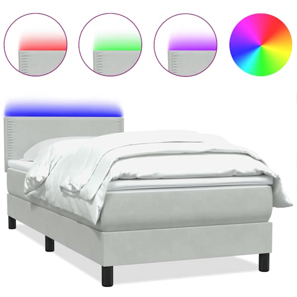 LED-valgustusega kontinentaalvoodi koos madratsiga, helehall, 80 × 210 cm, samet