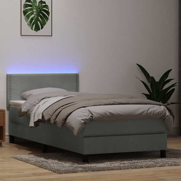 LED-valgustusega kontinentaalvoodi koos madratsiga, helehall, 80 × 220 cm, samet — mudel 3316809