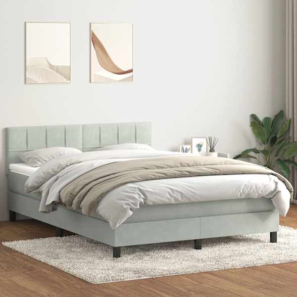 LED-valgustusega kontinentaalvoodi koos madratsiga, helehall, 160 × 210 cm, samet — mudel 3316887