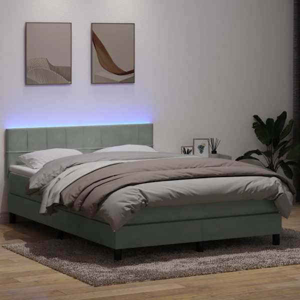 LED-valgustusega kontinentaalvoodi koos madratsiga, helehall, 160 × 210 cm, samet — mudel 3316887