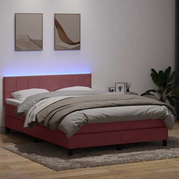 LED-valgustusega kontinentaalvoodi koos madratsiga, roosa, 160 × 210 cm, samet — mudel 3316892