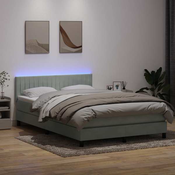 LED-valgustusega kontinentaalvoodi koos madratsiga, helehall, 160 × 210 cm, samet — mudel 3317079