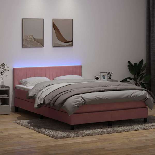 LED-valgustusega kontinentaalvoodi koos madratsiga, roosa, 160 × 210 cm, samet — mudel 3317084