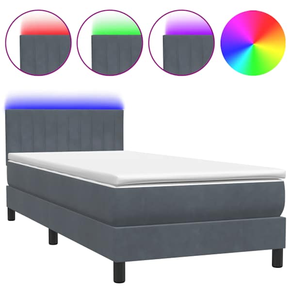 LED-valgustusega kontinentaalvoodi koos madratsiga, tumehall, 80 × 220 cm, samet — mudel 3317098