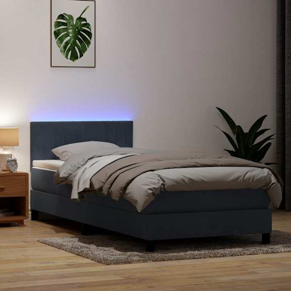 LED-valgustusega kontinentaalvoodi koos madratsiga, tumehall, 80 × 220 cm, samet — mudel 3317098