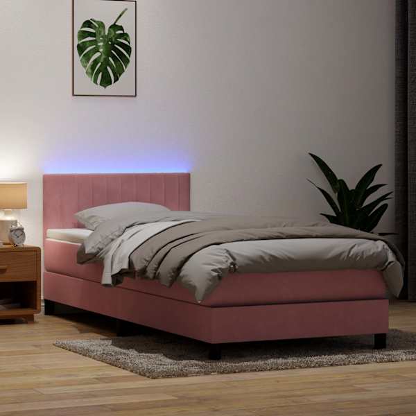 LED-valgustusega kontinentaalvoodi koos madratsiga, roosa, 80 × 220 cm, samet — mudel 3317102