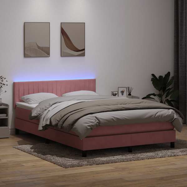 LED-valgustusega kontinentaalvoodi koos madratsiga, roosa, 140 × 220 cm, samet — mudel 3317126