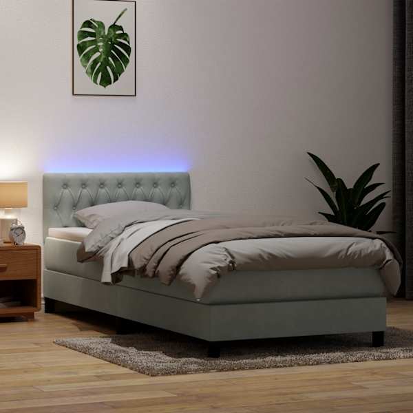 LED-valgustusega kontinentaalvoodi koos madratsiga, helehall, 80 × 210 cm, samet