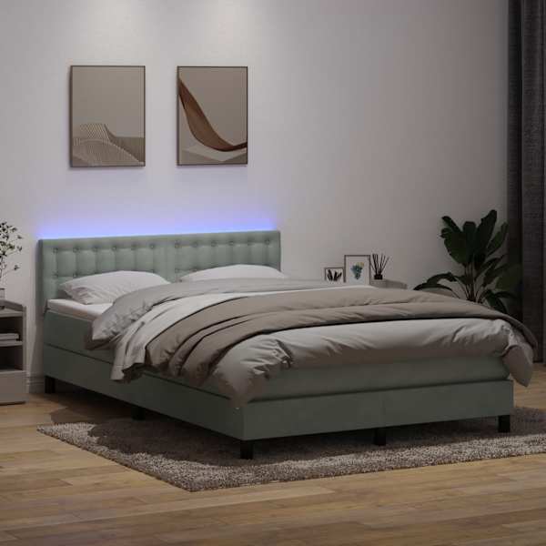 LED-valgustusega kontinentaalvoodi koos madratsiga, helehall, 160 × 210 cm, samet — mudel 3317271