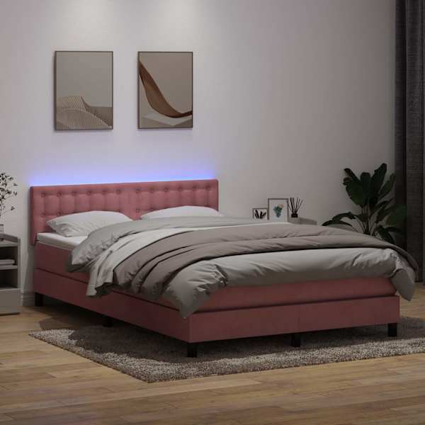 LED-valgustusega kontinentaalvoodi koos madratsiga, roosa, 160 × 210 cm, samet — mudel 3317276