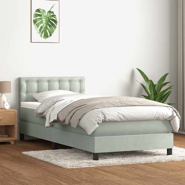 LED-valgustusega kontinentaalvoodi koos madratsiga, helehall, 80 × 220 cm, samet — mudel 3317289