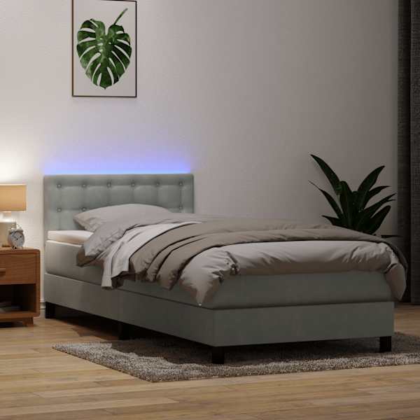 LED-valgustusega kontinentaalvoodi koos madratsiga, helehall, 80 × 220 cm, samet — mudel 3317289