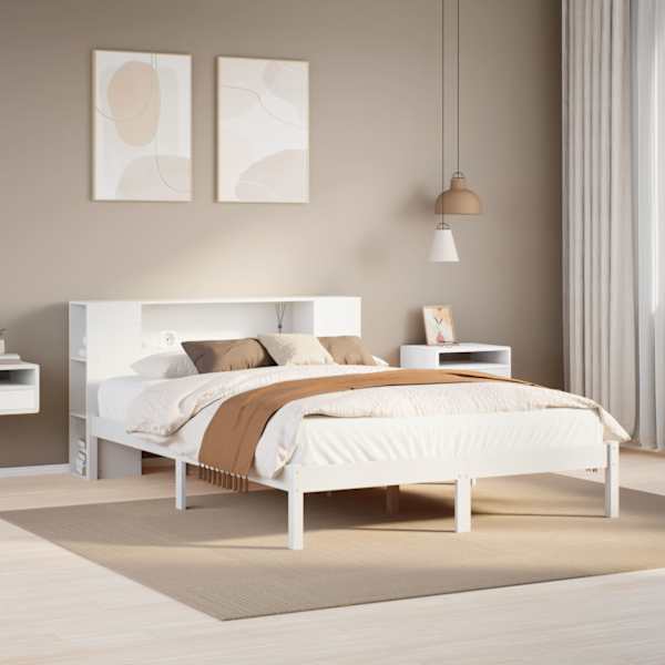 Voodiraam riiuliga peatsiga, valge, 160 × 200 cm, männipuit — mudel 3321545