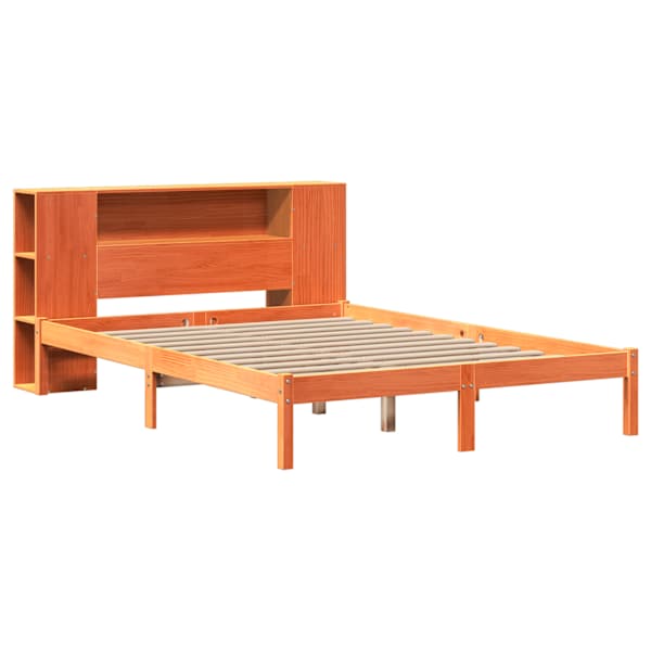 Voodiraam riiuliga peatsiga, vahapruun, 140 × 200 cm, männipuit — mudel 3321554