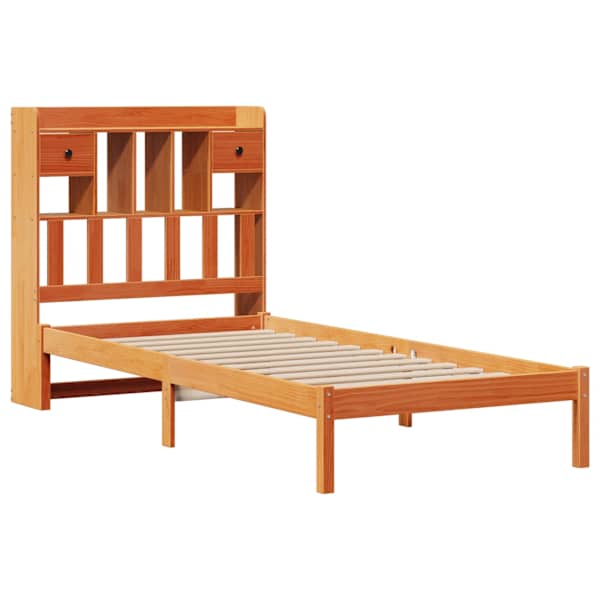 Sahtlitega voodiraam riiuliga peatsiga, vahapruun, 75 × 190 cm, männipuit