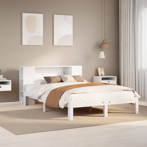 Voodiraam riiuliga peatsiga, valge, 140 × 190 cm, männipuit — mudel 3322512