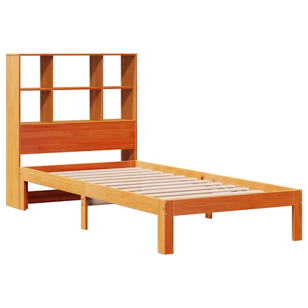 Voodiraam riiuliga peatsiga, vahapruun, 75 × 190 cm, männipuit — mudel 3322572