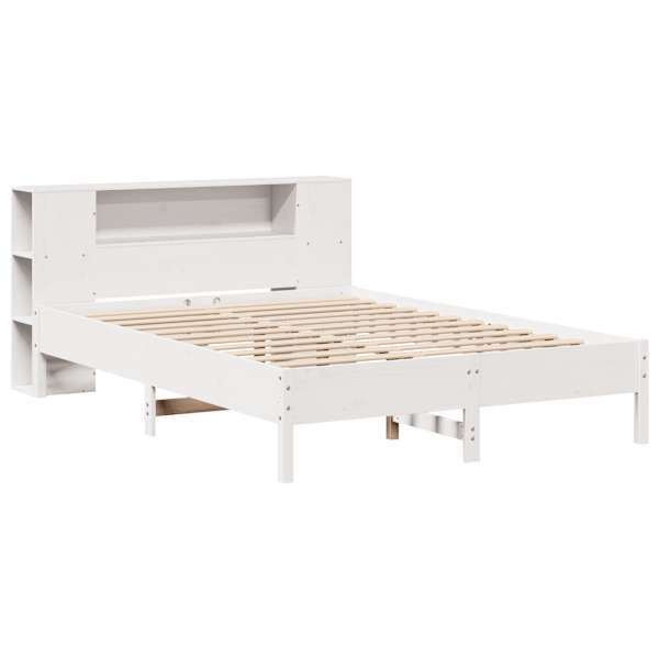 Voodiraam riiuliga peatsiga, valge, 150 × 200 cm, männipuit — mudel 3322829