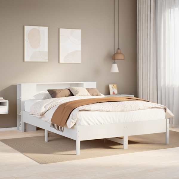 Voodiraam riiuliga peatsiga, valge, 150 × 200 cm, männipuit — mudel 3322829