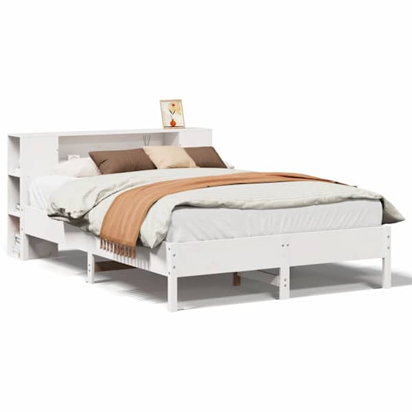 Voodiraam riiuliga peatsiga, valge, 140 × 200 cm, männipuit — mudel 3322832
