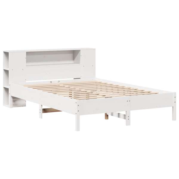 Voodiraam riiuliga peatsiga, valge, 140 × 200 cm, männipuit — mudel 3322832