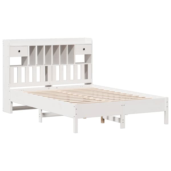 Sahtlitega voodiraam riiuliga peatsiga, valge, 140 × 190 cm, männipuit — mudel 3322922