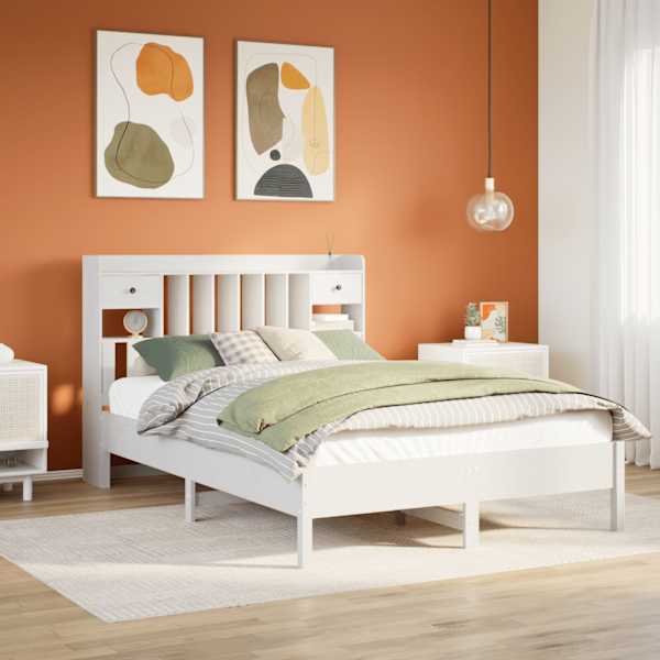 Sahtlitega voodiraam riiuliga peatsiga, valge, 140 × 190 cm, männipuit — mudel 3322922