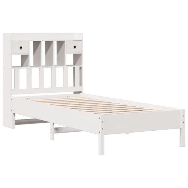 Sahtlitega voodiraam riiuliga peatsiga, valge, 90 × 190 cm, männipuit — mudel 3322931