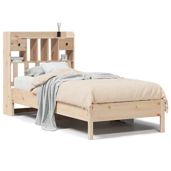 Sahtlitega voodiraam riiuliga peatsiga, 75 × 190 cm, männipuit — mudel 3322933