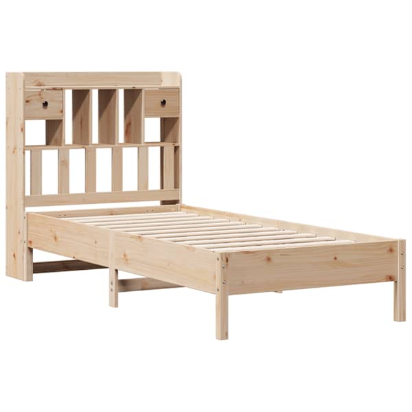 Sahtlitega voodiraam riiuliga peatsiga, 75 × 190 cm, männipuit — mudel 3322933
