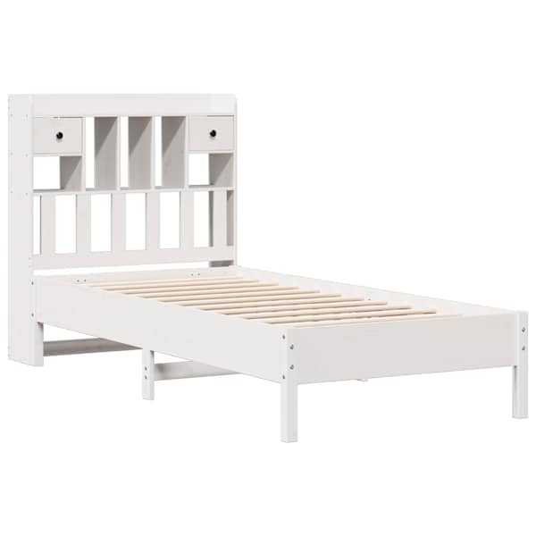 Sahtlitega voodiraam riiuliga peatsiga, valge, 75 × 190 cm, männipuit — mudel 3322934