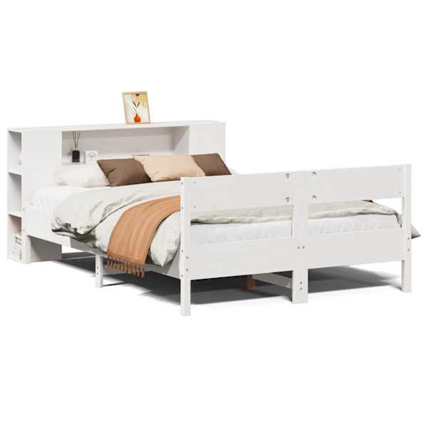 Voodiraam riiuliga peatsiga, valge, 150 × 200 cm, männipuit — mudel 3322946