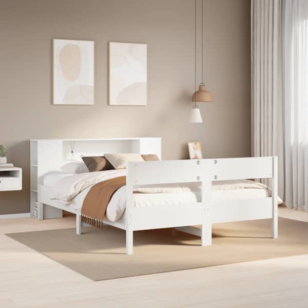 Voodiraam riiuliga peatsiga, valge, 150 × 200 cm, männipuit — mudel 3322946