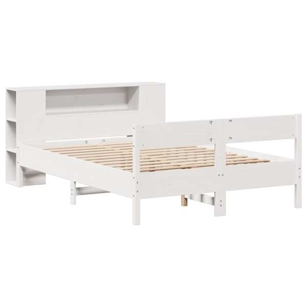 Voodiraam riiuliga peatsiga, valge, 140 × 200 cm, männipuit — mudel 3322949